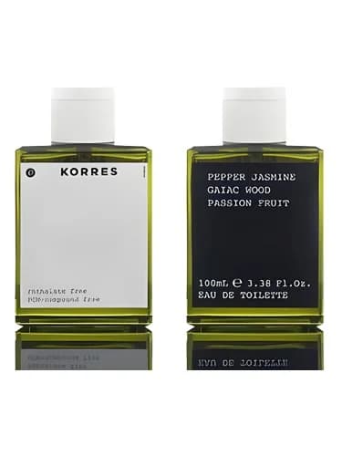 Frasco del perfume Pepper Jasmine Gaiac Wood Passion Fruit de Korres — fragancia unisex