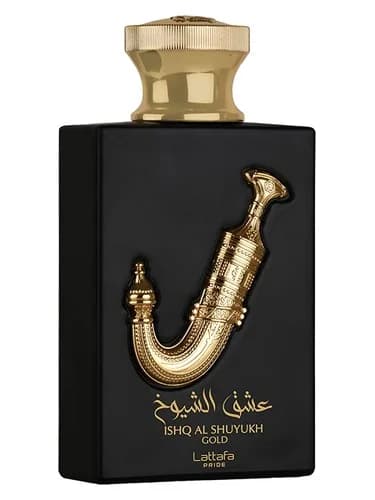 Frasco del perfume Ishq Al Shuyukh Gold de Lattafa Perfumes — fragancia unisex