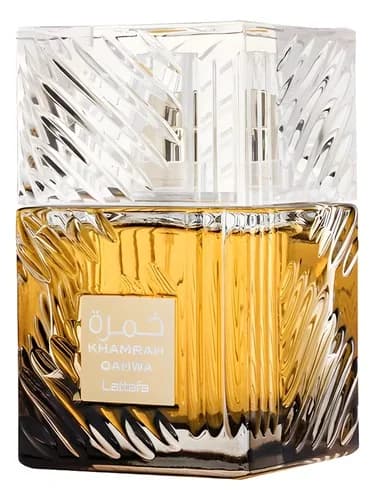 Frasco del perfume Khamrah Qahwa de Lattafa Perfumes — fragancia unisex