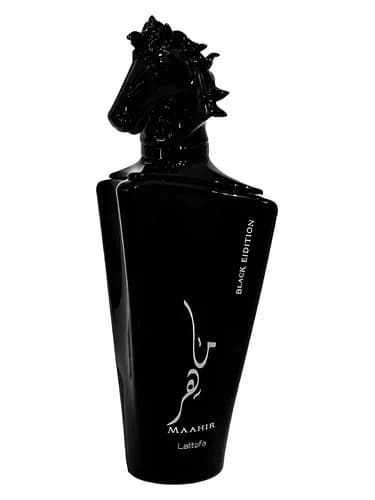Frasco del perfume Maahir Black Edition de Lattafa Perfumes — fragancia unisex