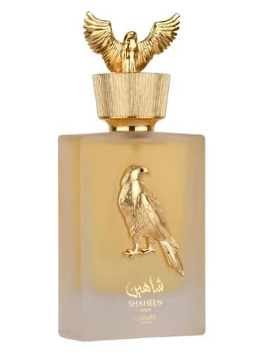 Frasco del perfume Shaheen Gold de Lattafa Perfumes — fragancia unisex